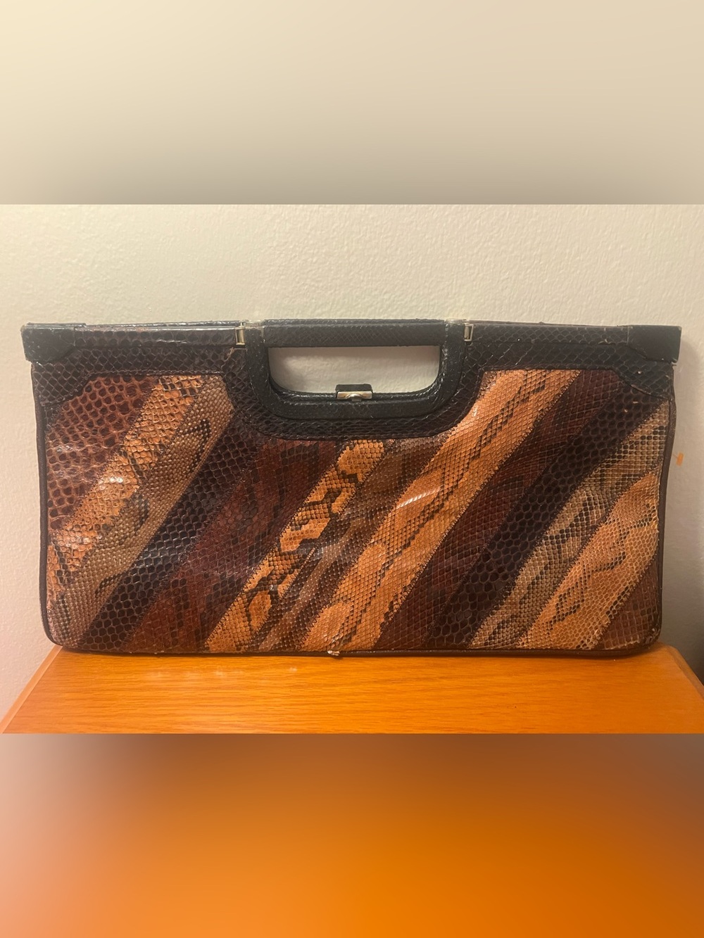 Vintage Snakeskin Pattern Box Clutch in Brown & Tan